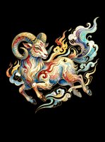 Colorful mythical ram with golden horns, fire, and swirling clouds in Asian art style. Isolated on transparent background, ready for stickers, T-shirts, and print on demand.