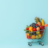 Fresh fruits and vegetables in shopping cart on mint blue background. Healthy food shopping concept with copy space for text on left side.