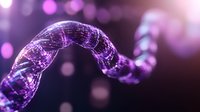 Glowing purple DNA strand with digital wireframe structure floating on dark background with bokeh lights, representing genetic research and biotechnology.