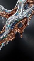 Liquid metallic copper and silver forms merge with holographic circuit patterns and dripping elements against dark background for tech and innovation concepts.