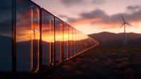 Rows of illuminated server racks in data center at sunset with wind turbines on mountain horizon, highlighting sustainable green technology and cloud computing.