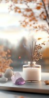 Aromatic reed diffuser with amethyst crystals on windowsill at sunset, dried flowers and healing stones create peaceful spa atmosphere with soft bokeh background.