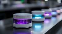 Futuristic smart speaker devices with glowing purple and blue LED lights arranged in row on dark surface. Modern wireless audio technology concept.