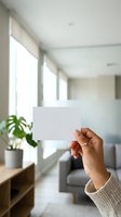 Hand holding blank white card in bright modern living room with natural light from windows, potted plant, and contemporary furniture for mockup and branding purposes.