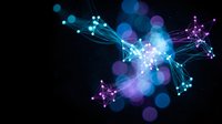 Abstract digital network connections with glowing nodes and data flow lines on dark background for technology and communication concepts.