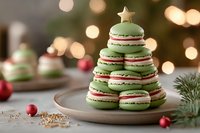 Green macarons stacked as Christmas tree with gold star on plate surrounded by festive decorations and warm bokeh lights for holiday baking and dessert concepts.
