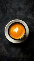 Fresh cappuccino with heart latte art pattern in white ceramic cup on dark textured background, top view. Moody coffee photography for cafe menus.