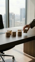 Businessman arranging wooden blocks with business icons on office desk near window with city skyline view for strategic planning and corporate development.