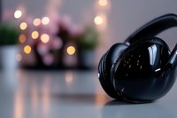 Black wireless headphones on reflective surface with soft bokeh lights in background creating atmospheric mood for music and audio technology lifestyle.