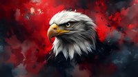 Majestic bald eagle head portrait against dramatic red and black smoky background, fierce expression with piercing eyes and sharp beak, detailed feathers.
