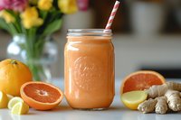 Fresh citrus smoothie with grapefruit, orange, lemon and ginger root in mason jar with striped straw. Healthy detox drink against blurred flowers.