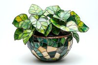 Green tropical plant in decorative mosaic pot with emerald and gold glass pieces against white background, isolated home decor element for interior design.