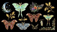 Watercolor moth and butterfly clipart set with luna moths, atlas moths, crescent moon, oak leaves, florals, isolated on transparent background for t-shirt design, stickers, print on demand.