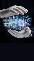 Hands in white gloves holding glowing digital cityscape with holographic buildings and data visualization. Technology innovation concept.