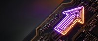 Glowing neon arrow on circuit board background symbolizing digital growth, technology advancement and electronic innovation in modern computing systems.