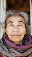 Senior Asian woman with gray hair and weathered facial features wearing a burgundy and gray scarf. Portrait suitable for aging, diversity, healthcare, and lifestyle editorial projects.