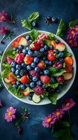 Fresh mixed berries and fruits on white plate with mint leaves, decorated with pink flowers on dark blue background. Food photography for healthy eating concept.