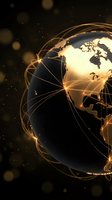 Global network connections illuminating Earth with golden light rays and digital communication lines against dark space background for technology concepts.