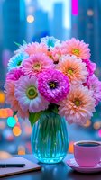 Vibrant bouquet of pink, peach, and turquoise gerbera daisies in blue glass vase against blurred city backdrop with bokeh lights.
