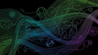 Abstract digital wave pattern with geometric shapes and flowing lines in vibrant neon colors on black background for modern technology designs.