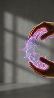 Two hands with glowing neon purple and pink electric energy flowing between them against a blurred gray background. Concept for power, energy transfer, technology, innovation.