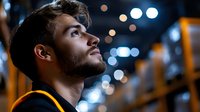 Young bearded man looking up with hope and determination against blurred city lights background at night, expressing aspiration and future vision.
