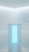 Futuristic white room with glowing blue pedestal display stand and digital interface elements for product presentation and technology showcase.