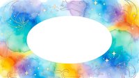 Colorful watercolor frame with white oval space for text. Rainbow gradient background with sparkles and decorative elements for greeting cards and invitations.