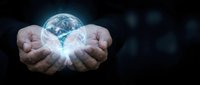 Hands holding glowing Earth globe with bright light emanating from center, symbolizing environmental protection, sustainability and global responsibility.