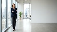 Confident businesswoman standing in modern office space with city view and large windows for corporate presentations and professional meetings.