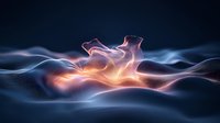 Glowing abstract wave formation with orange light emerging through flowing blue digital particles, creating dynamic motion and futuristic atmosphere.