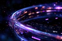 Futuristic glowing energy vortex with purple and blue light streams against dark space background. Digital art concept for technology or science fiction designs.