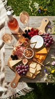 Overhead view of a wooden charcuterie board arranged with assorted cheeses, cured meats, fresh berries, figs, nuts, and crackers, accompanied by rosé wine glasses on grass.