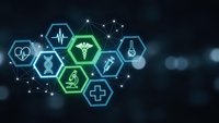 Medical healthcare technology concept with glowing hexagonal icons featuring caduceus, DNA, microscope, syringe, thermometer symbols on dark background.