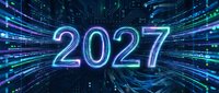 Glowing neon 2027 numerals with blue and cyan light streaks radiating outward on dark digital circuit background, representing future technology and innovation.