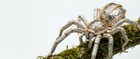 Luxury spider jewelry brooch with crystals and diamonds on moss branch against white background for premium fashion accessories and elegant design concepts.