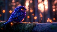 Mystical blue bird perched on mossy log at sunset with glowing bokeh lights in dark forest background, creating magical nature atmosphere.