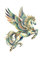 Ornate winged horse with intricate gold, blue, and green decorative patterns, isolated on transparent background. Ready for t-shirts, stickers, clipart, sublimation, and print-on-demand designs.