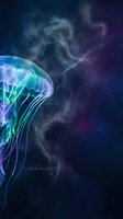 Luminous jellyfish floating in cosmic space with nebula clouds and stars creating mystical underwater galaxy scene for fantasy and science fiction projects.