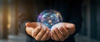 Businessman hands holding glowing digital globe with network connections representing global technology and innovation in modern office environment.
