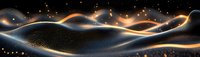 Glowing golden waves flow across dark background with shimmering particles and light trails creating abstract digital landscape panorama.