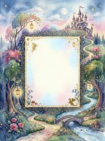 Watercolor fantasy frame with fairy, dragon, castle, enchanted forest, river, and moonlit sky, blank center for text or invitation design.