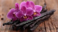Aromatic vanilla pods with fresh pink orchid flowers on rustic wooden background, creating sensual spa and wellness composition for natural cosmetics.