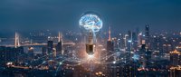 Glowing brain lightbulb floating above smart city skyline at night with digital network connections representing innovation and artificial intelligence concepts.