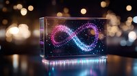 Glowing infinity symbol made of sparkling particles displayed in glass cube against blurred bokeh background, combining modern technology with magical atmosphere.