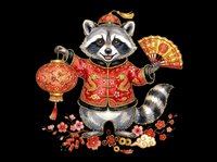 Raccoon wearing traditional red and gold Asian jacket holding lanterns and fan, isolated on transparent background. Ready for t-shirt design, clipart, stickers, print-on-demand, and sublimation projects.
