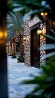 Luxury resort courtyard with illuminated palm trees and stone architecture creating warm evening ambiance for hospitality and travel marketing.