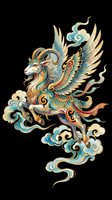 Ornate mythical winged goat creature with elaborate horns, golden feathers, and decorative clouds. Isolated on transparent background, ready for t-shirts, stickers, clipart, and print-on-demand designs.