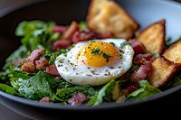 Fresh salad with crispy bacon, sunny side up egg, toasted bread, and mixed greens served in dark ceramic bowl, close up view of breakfast dish.