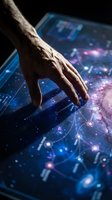 Elderly hand reaching toward futuristic holographic display with glowing network connections and digital interface technology concept.